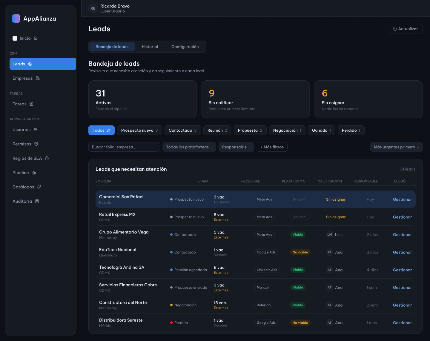 Bandeja de leads de AppAlianza con seguimiento, calificación y estados comerciales