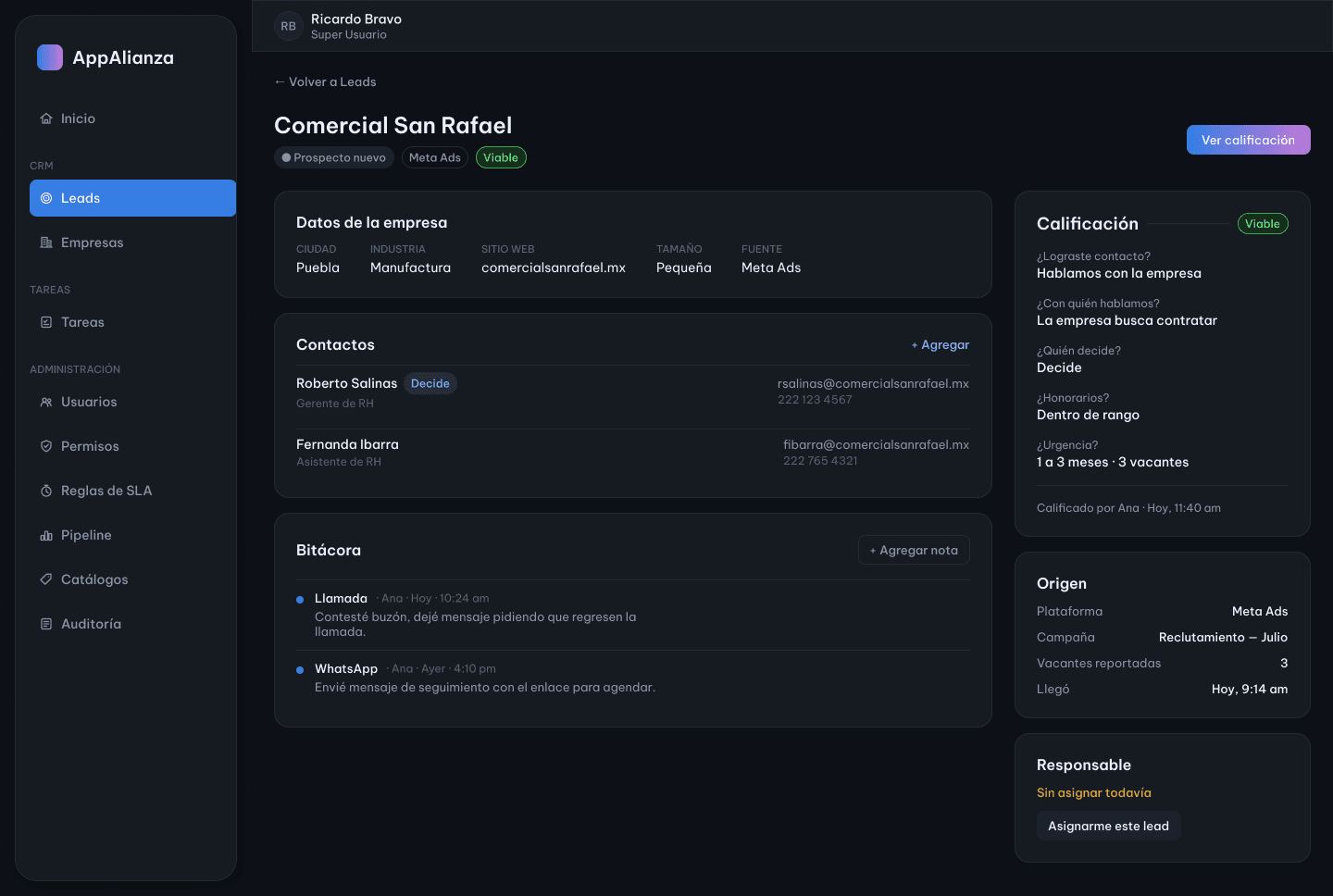 Ficha comercial de AppAlianza con bitácora y datos de calificación