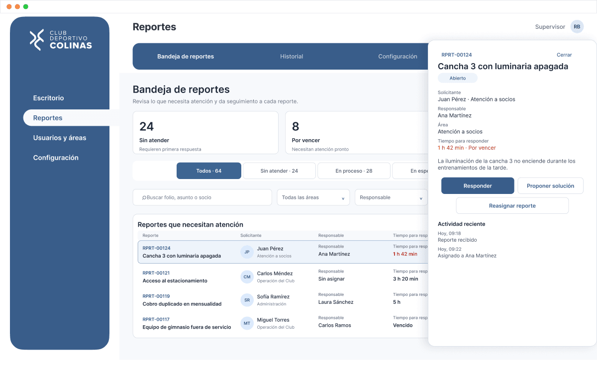 Detalle lateral de un reporte de Connect CDC con responsables y bitácora